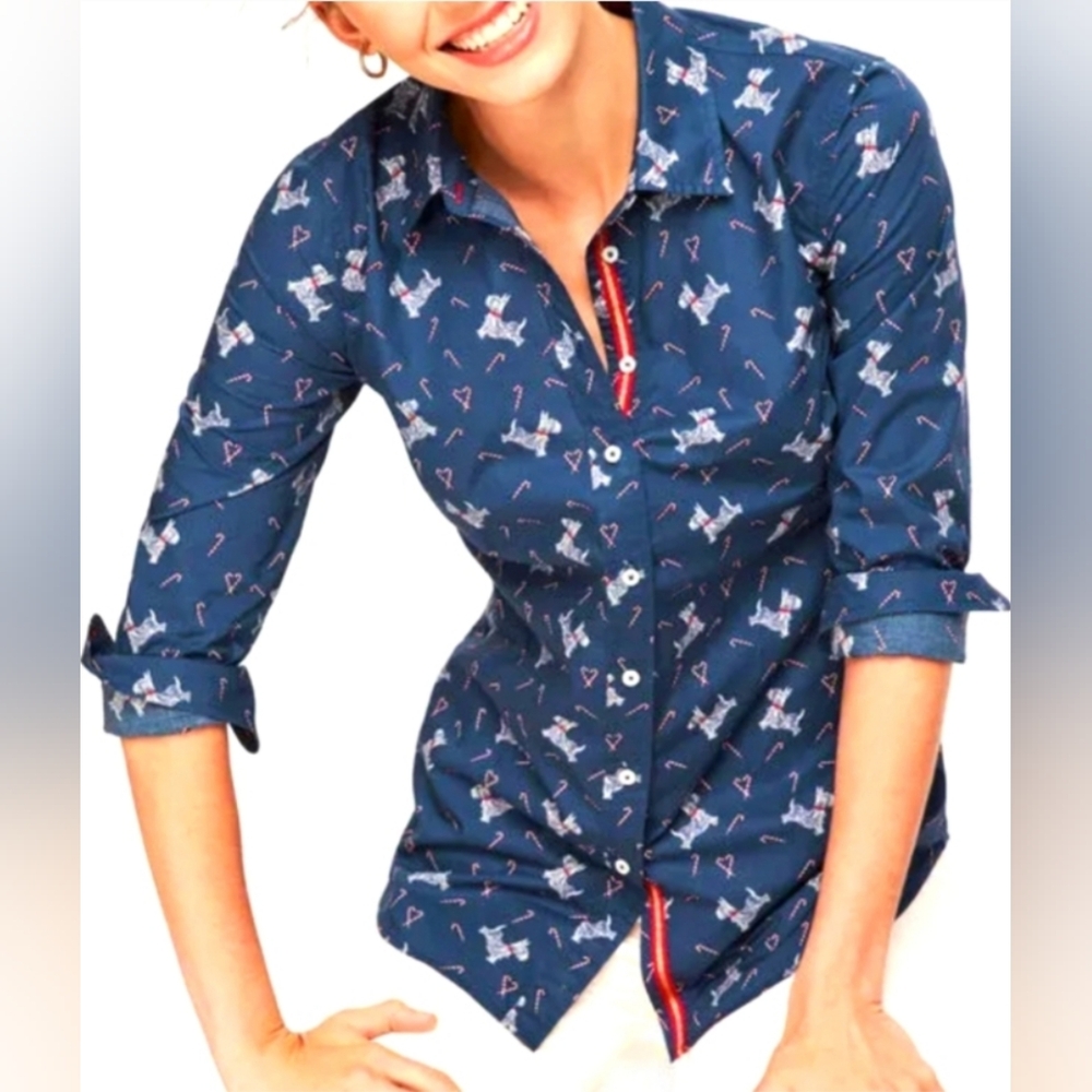 Talbots small Scotty dog candy canes hearts button up shirt blouse